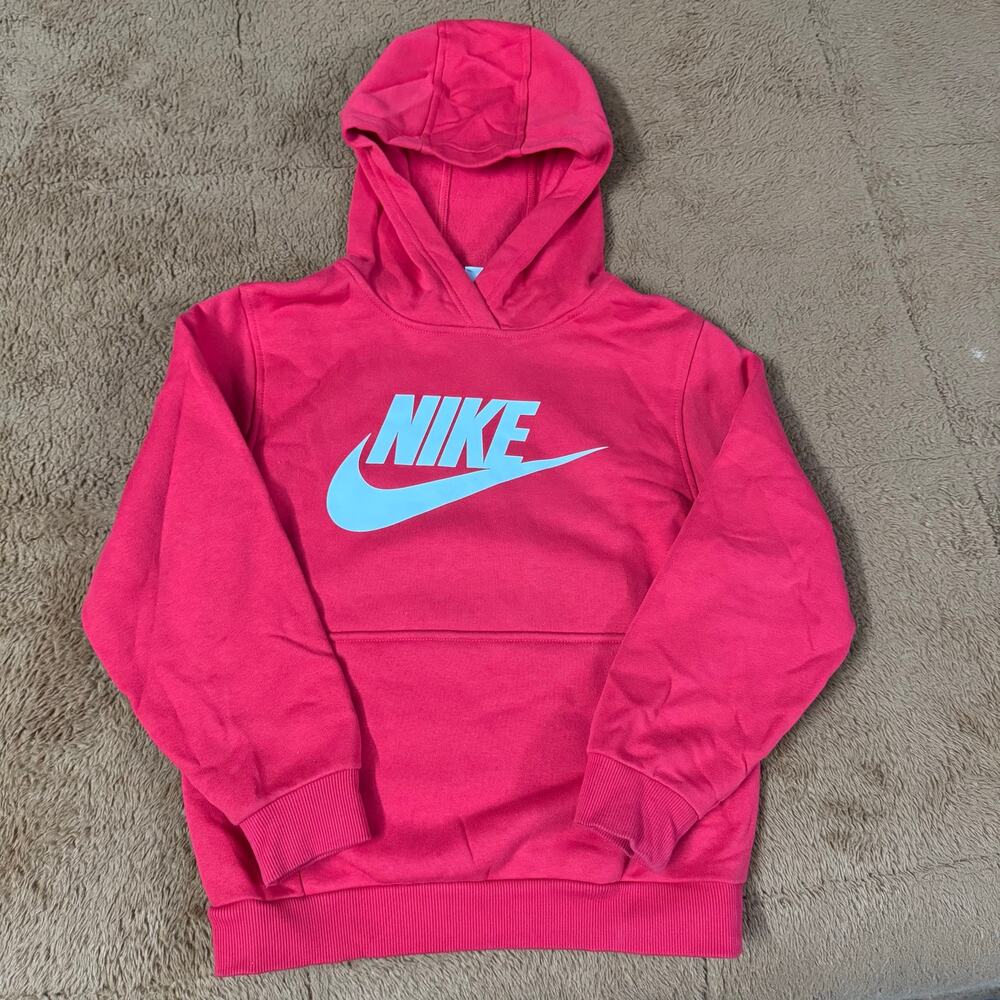 Nike Kids Varsity Red Pullover Hoodie Size Medium 10-12 Unisex White Swoosh